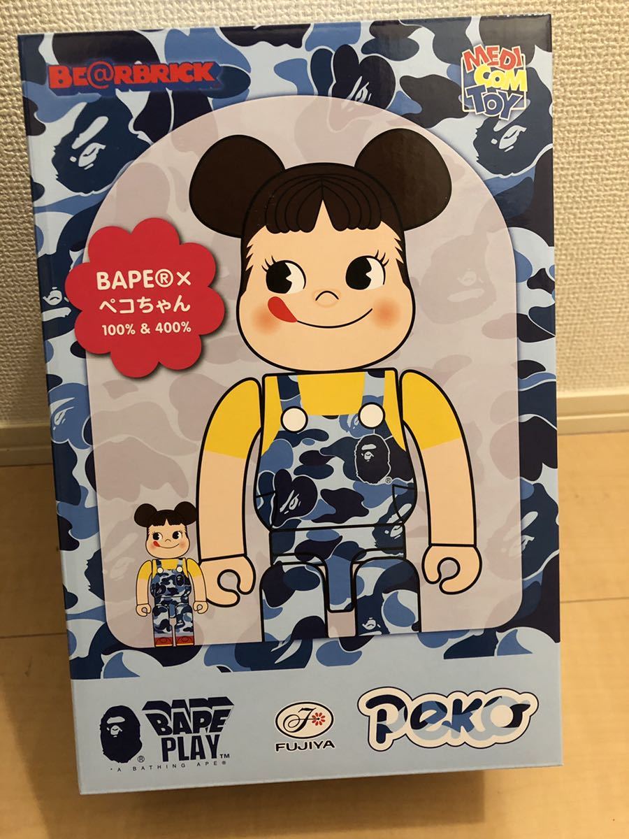 不二家 ペコちゃん × BAPE ベアブリック/BE@RBRICK 100%&400% BLUE