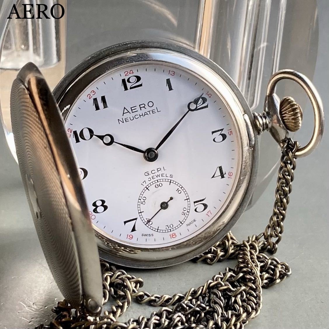 フローラル 【動作良好】アエロ AERO アンティーク 懐中時計 手巻き ハンターケース