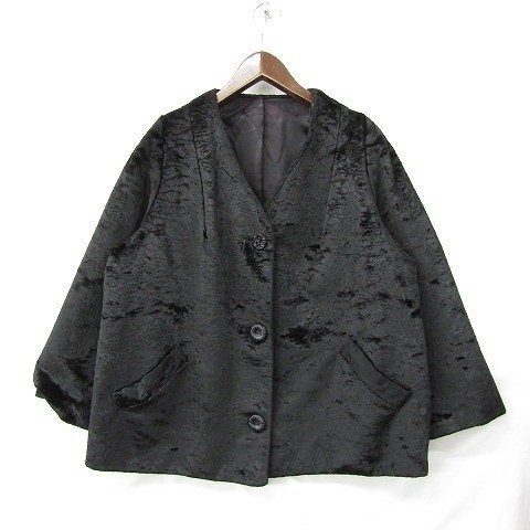 80s~ VINTAGE サイズ S~ ベロア ノーカラー ハーフ コート ジャケット ベルベット デザイン ボタン ブラック 古着 ビンテージ 1F1892_画像1