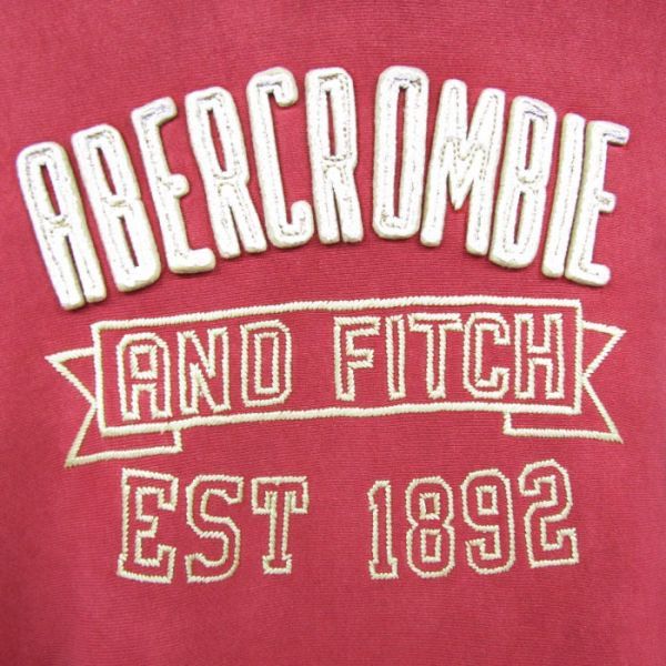 サイズ M アバクロンビー&フィッチ Abercrombie&Fitch プルオーバー パーカー フーディー ロゴ ワッペン 刺繍 レッド 古着 2N1491_画像5