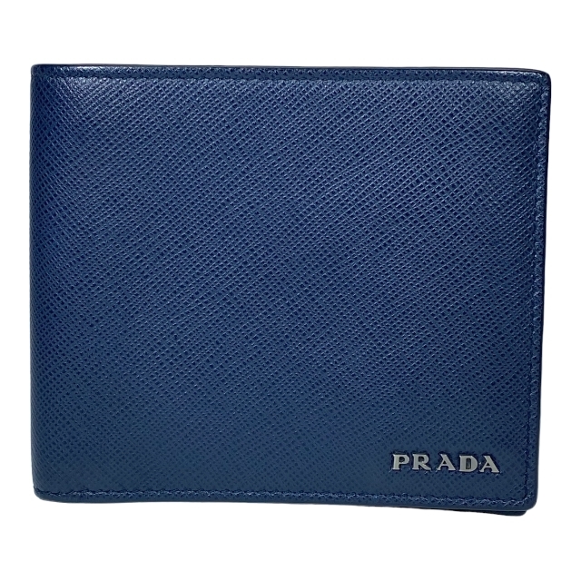 【美品】PRADA プラダ 二つ折り 財布 お札入れ コンパクト スリムウォレット サフィアーノレザー ロゴ ネイビー