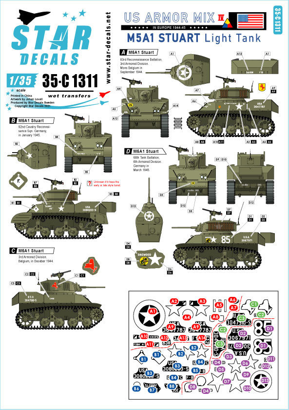 スターデカール 35-C1311 1/35 アメリカ軍 AFV ミックス # 4. 欧州戦線1944-45のM5A1 スチュアート軽戦車_画像1