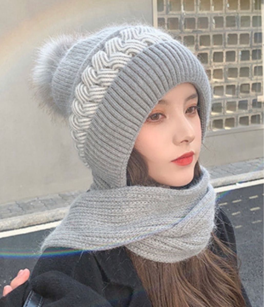 ニット帽 マフラー バラクラバ 一体型ニット帽 モテカワ 韓国 ニットキャップ 耳あて 防寒 小顔効果