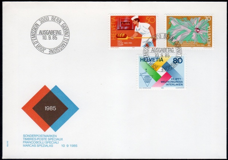 スイス 1985年 スイスパン職人連合100周年、スイスラジオインターナショナル50周年、第25回国際郵便電信電話労働組合会議FDCカバー(9992)の画像1