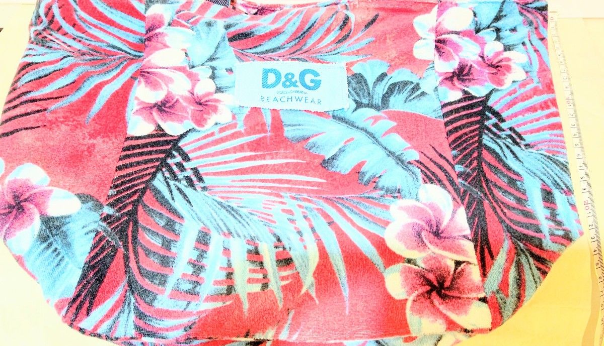 D&G BEACHWEAR パイル地　トロピカル柄　レッド×ターコイズ　ショルダーバッグ　エコ　マザーズ大容量　ホログラム　廃番