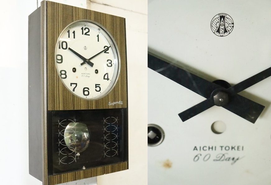 TB526愛知時計 AICHI 柱時計 60DAY ゼンマイ/振り子/木製/掛時計 