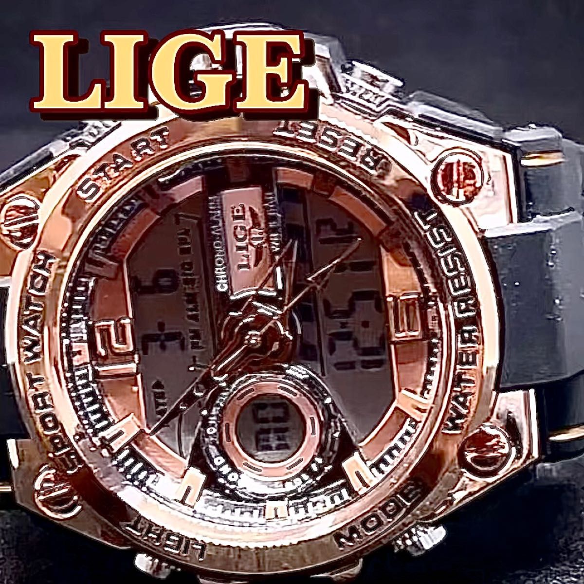 気質アップ】 新品 LIGE スポーツデュアルウォッチ 50m防水メンズ腕時計 ローズゴールド