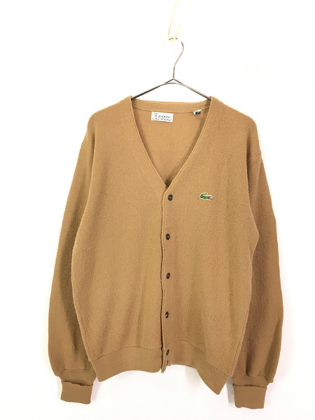 古着 70s IZOD LACOSTE ワニ パッチ アクリル ニット カーディガン ライトブラウン L