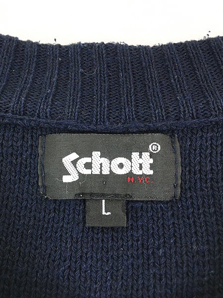 古着 90s Schott N.Y.C 無地 ソリッド ショルダー & エルボー パッチ コットン ニット セーター L