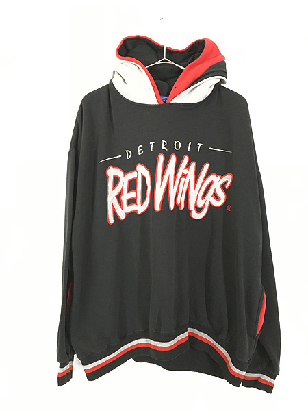 古着 90s NHL Detroit Red Wings レッドウィングス Wフード スウェット パーカー XL 古着