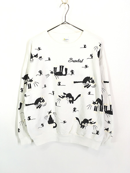  женский б/у одежда 80s USA производства кошка мышь [Snow bird] вспененный принт тренировочный футболка L ранг б/у одежда 