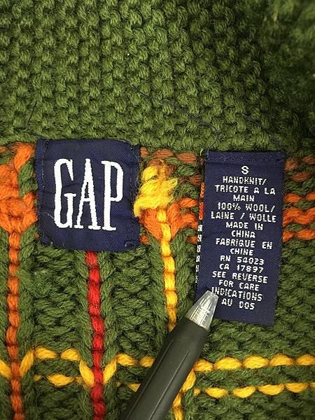 レディース 古着 90s GAP チェック 総柄 ショールカラー ヘビー ウール ハンド ニット セーター S 古着_画像6