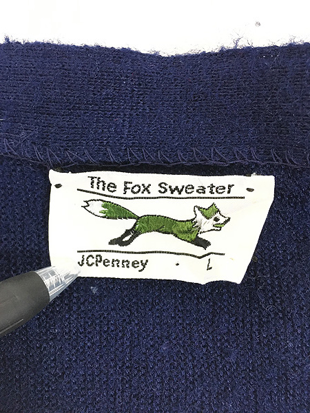 古着 80s JC Penney The Fox Sweater キツネ タグ アクリル ニット カーディガン 紺 L_画像6