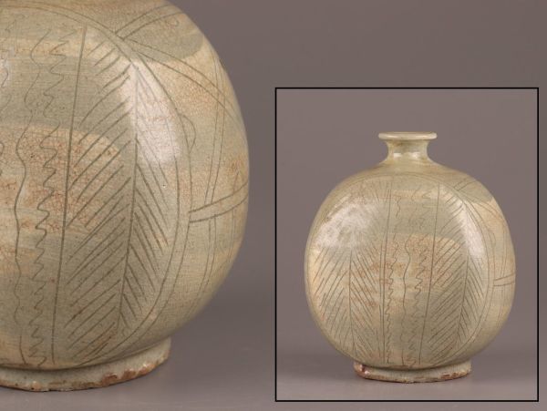 古美術 朝鮮古陶磁器 高麗青磁 扁壷 時代物 極上品 初だし品 7352 - 工芸品