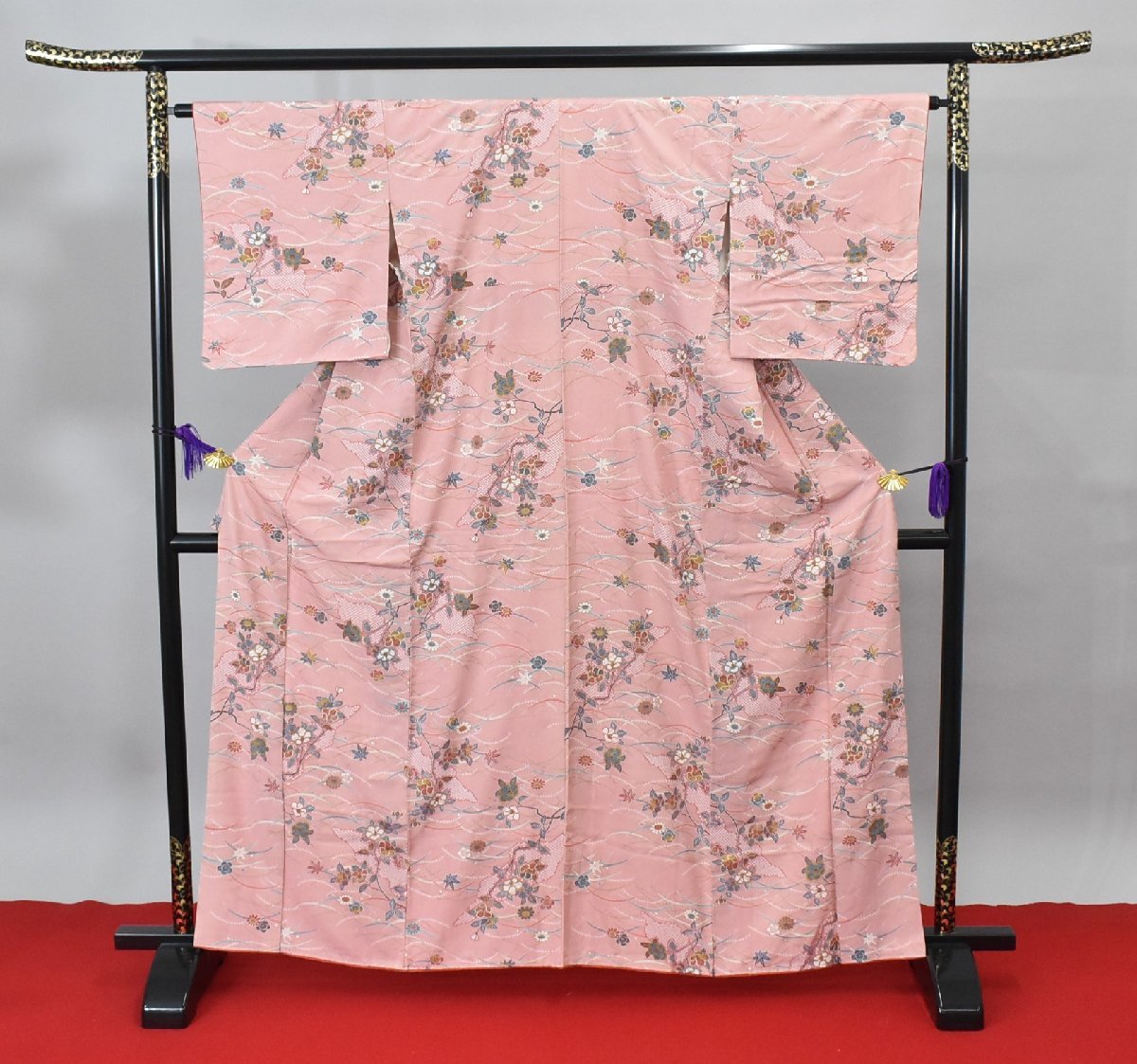 【桜庭呉服店】小紋 着物 桃色 花 おしゃれ 芝文 身丈154cm 裄丈64cm　★ kb-2744_画像2