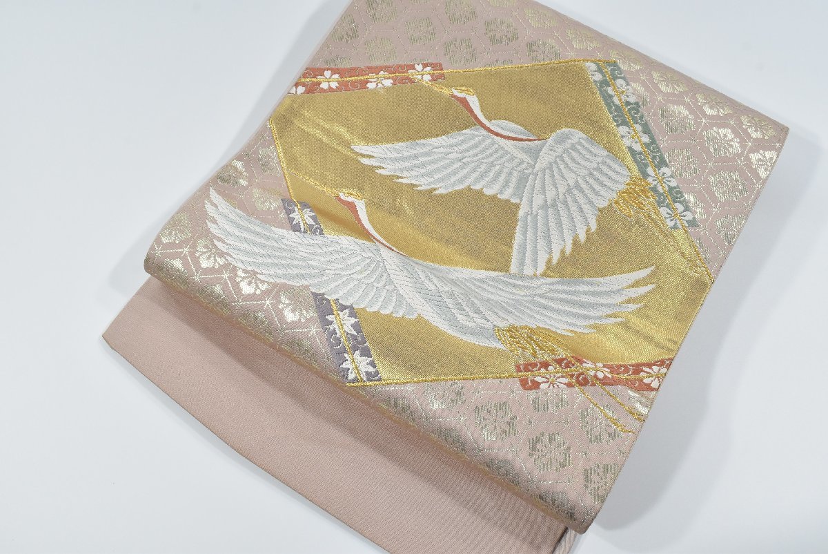  double-woven obi book@ gold silver two -ply . super beautiful . simplified crane west . woven gold thread obi height 439cm * kimono shop ne-777 Sakura garden . clothes shop 