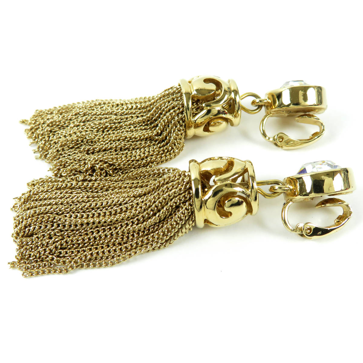  beautiful goods rare Vintage GIVENCHY Givenchy tassel rhinestone earrings Gold clear fringe G Logo chain ji van si.