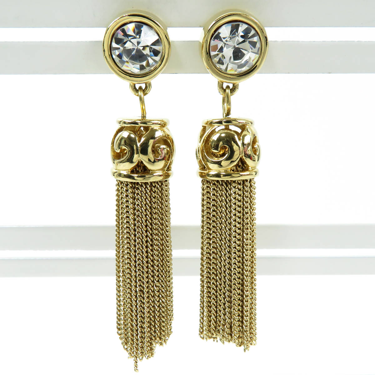  beautiful goods rare Vintage GIVENCHY Givenchy tassel rhinestone earrings Gold clear fringe G Logo chain ji van si.