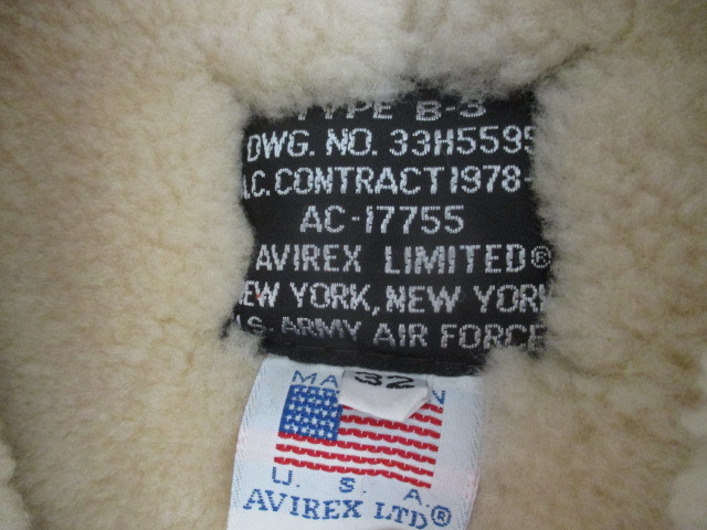 AVIREX 胸タグ B-3 ムートン　フライト　ジャケット 　32 美品_画像4