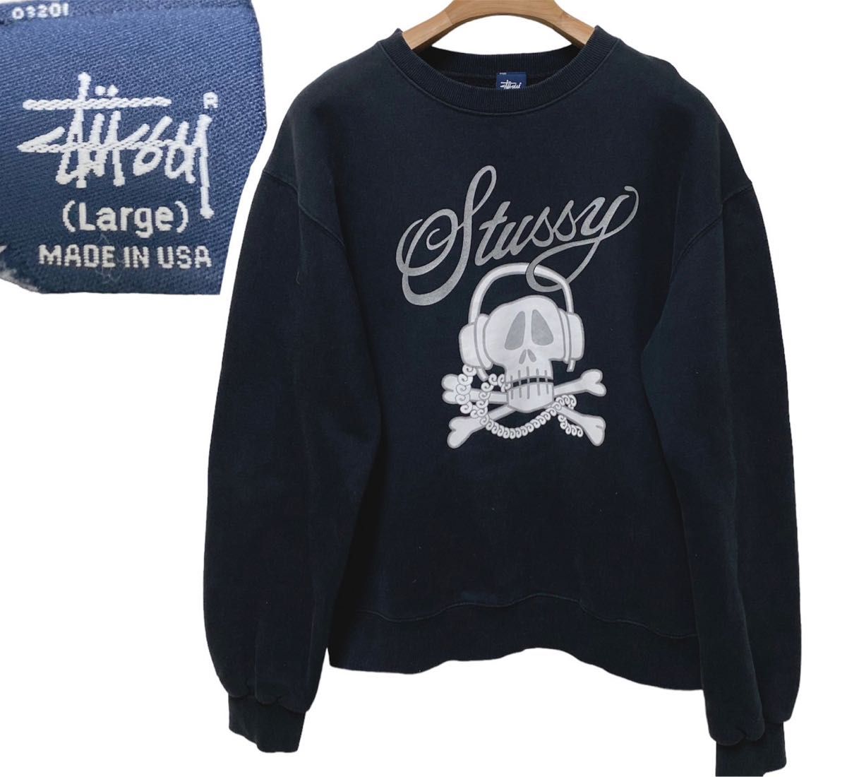 USA製紺タグ90s OLD STUSSY スカルプリントロゴ刺繍スウェットL