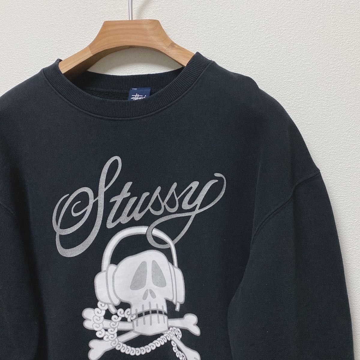 USA製紺タグs OLD STUSSY スカルプリントロゴ刺繍スウェットL