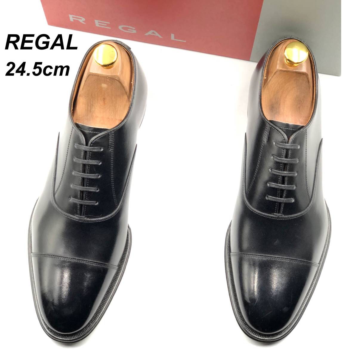 即決 未使用 REGAL リーガル 24.5cm 01DR メンズ レザーシューズ ストレートチップ 内羽根 黒 ブラック 箱付 革靴 皮靴  ビジネスシューズ