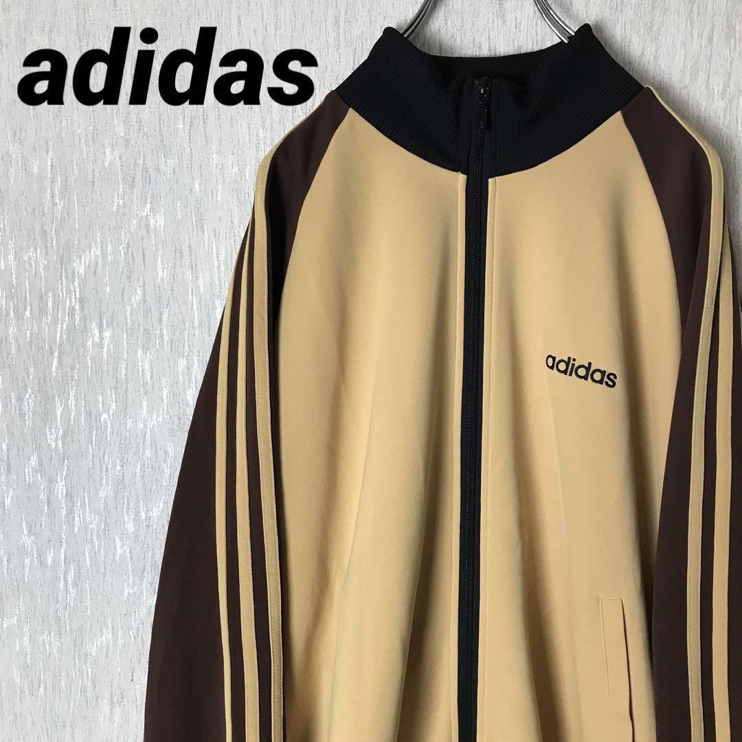 極美品　adidas　アディダス　トラックジャケット　トラックトップ　ジャージ　ベージュ×ブラウン茶×ブラック黒　L-XL相当_画像1