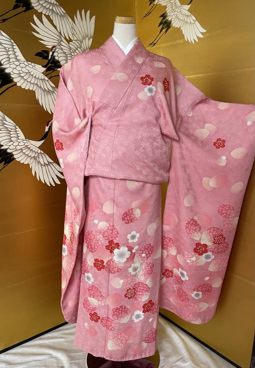宅配便送料無料 振袖 襦袢 セット 着物 赤 桜 雲 成人式 二十歳 裄69