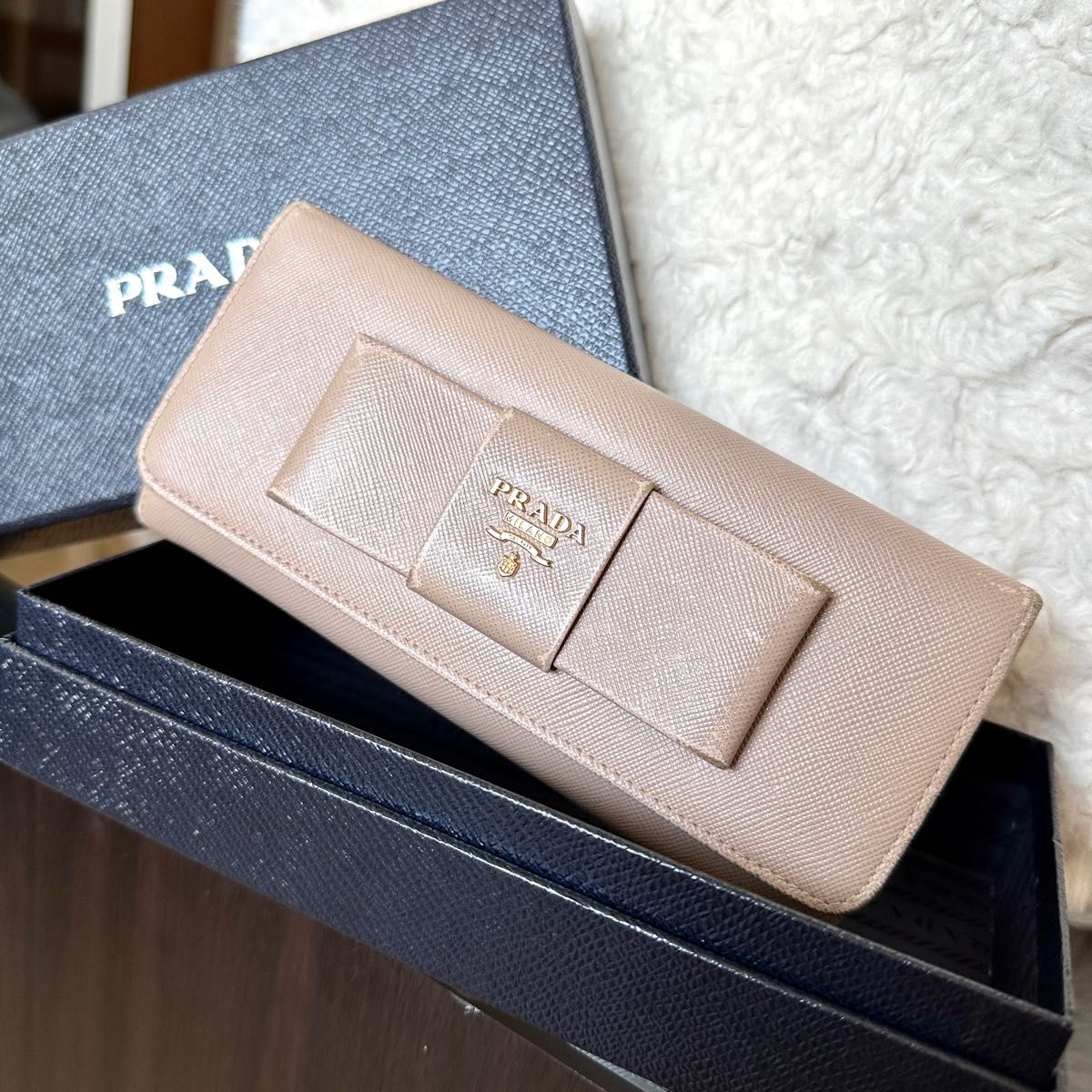 PRADA プラダ◆サフィアーノ◆長財布◆リボン◆ベージュ◆レディース◆箱付