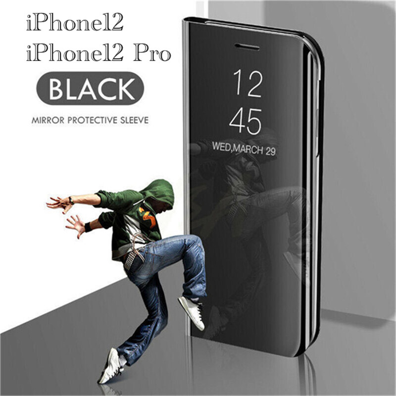 iPhone12 iPhone12Pro 手帳型ケース ミラーケース 光沢 鏡面 鏡面加工 液晶フィルム　クリアケース 半透明 スマホケース　ブラック　2_画像1