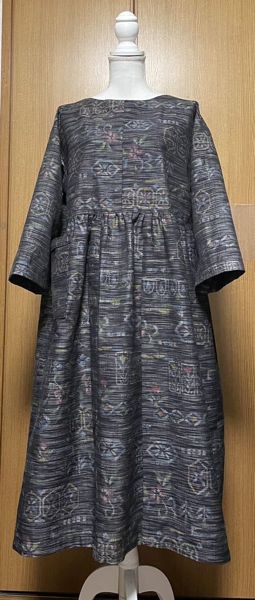 着物リメイク 紬のウエストギャザーワンピース 身幅58センチ(新品)の
