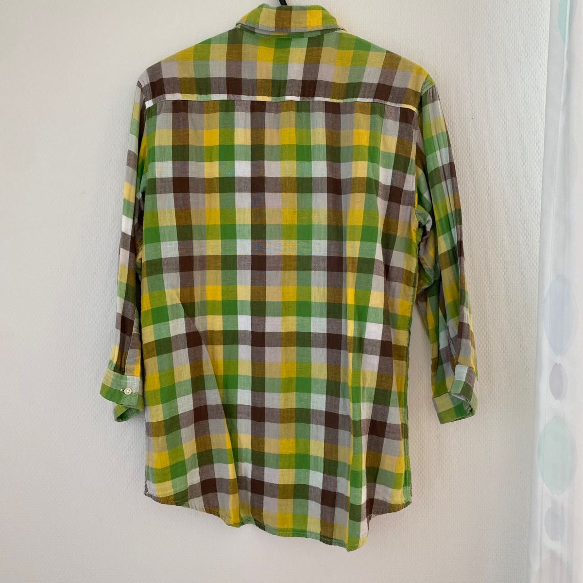BROWNY】チェックシャツ 七分袖シャツ グリーン イエロー Lサイズ