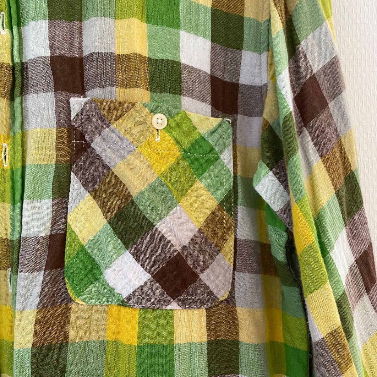 BROWNY】チェックシャツ 七分袖シャツ グリーン イエロー Lサイズ