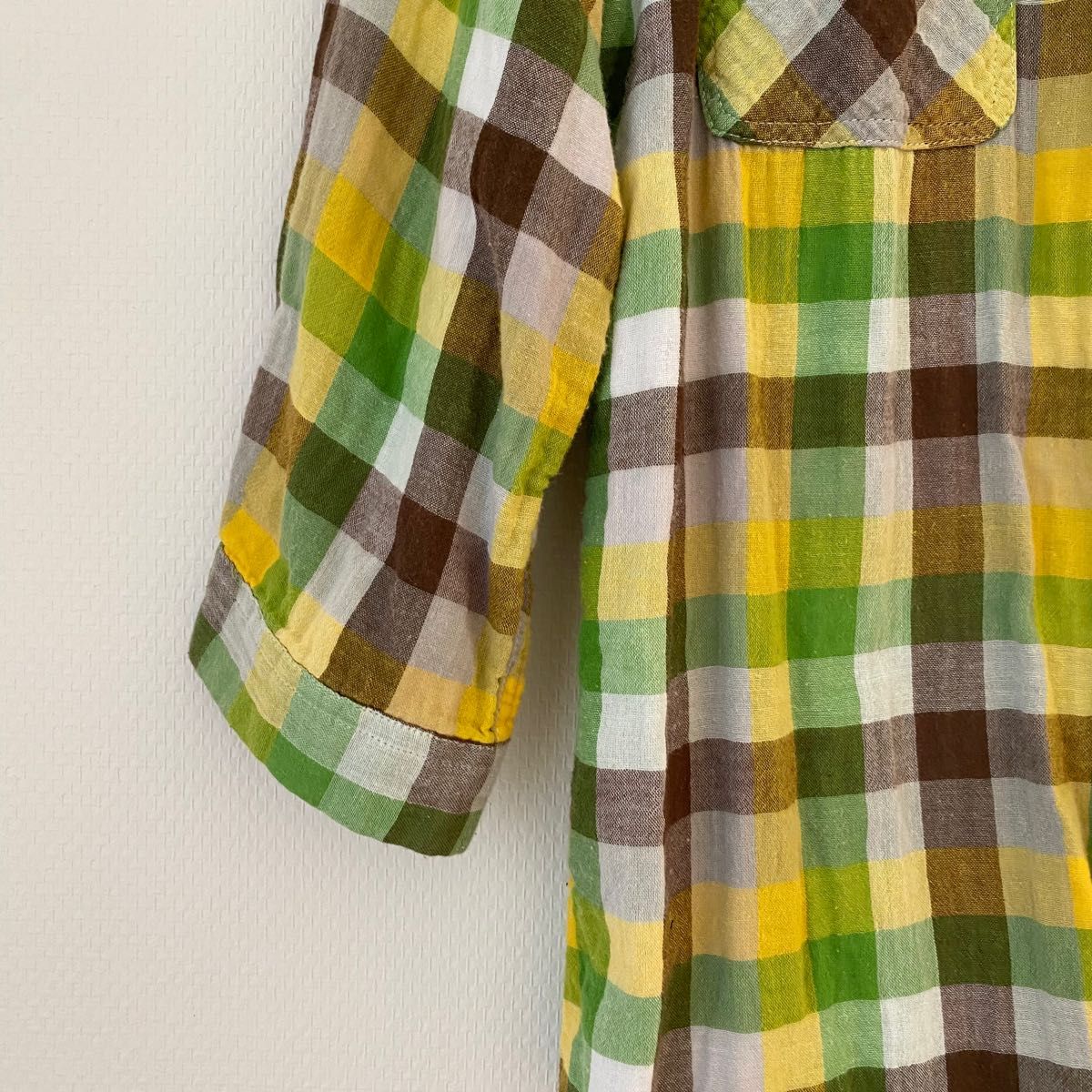 BROWNY】チェックシャツ 七分袖シャツ グリーン イエロー Lサイズ