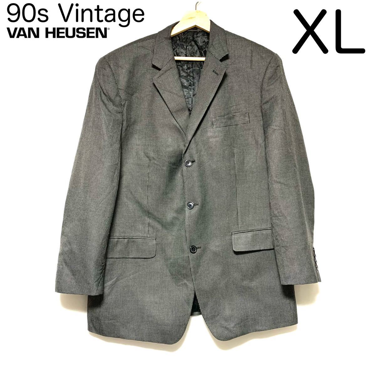 【希少】US輸入古着 90s 90年代 ヴィンテージ VAN HEUSEN テーラードジャケット バーズアイ 千鳥 シルバースーツ_画像1