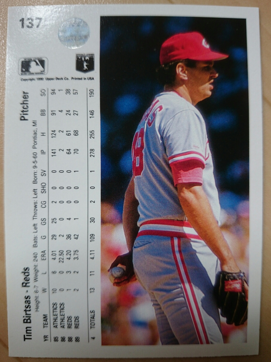 ★来日外国人 バートサス ヤクルト スワローズ TIM BIRTSAS UPPER DECK 1990 #137 MLB メジャーリーグ CINCINNATI REDS レッズ UD ティム_画像2