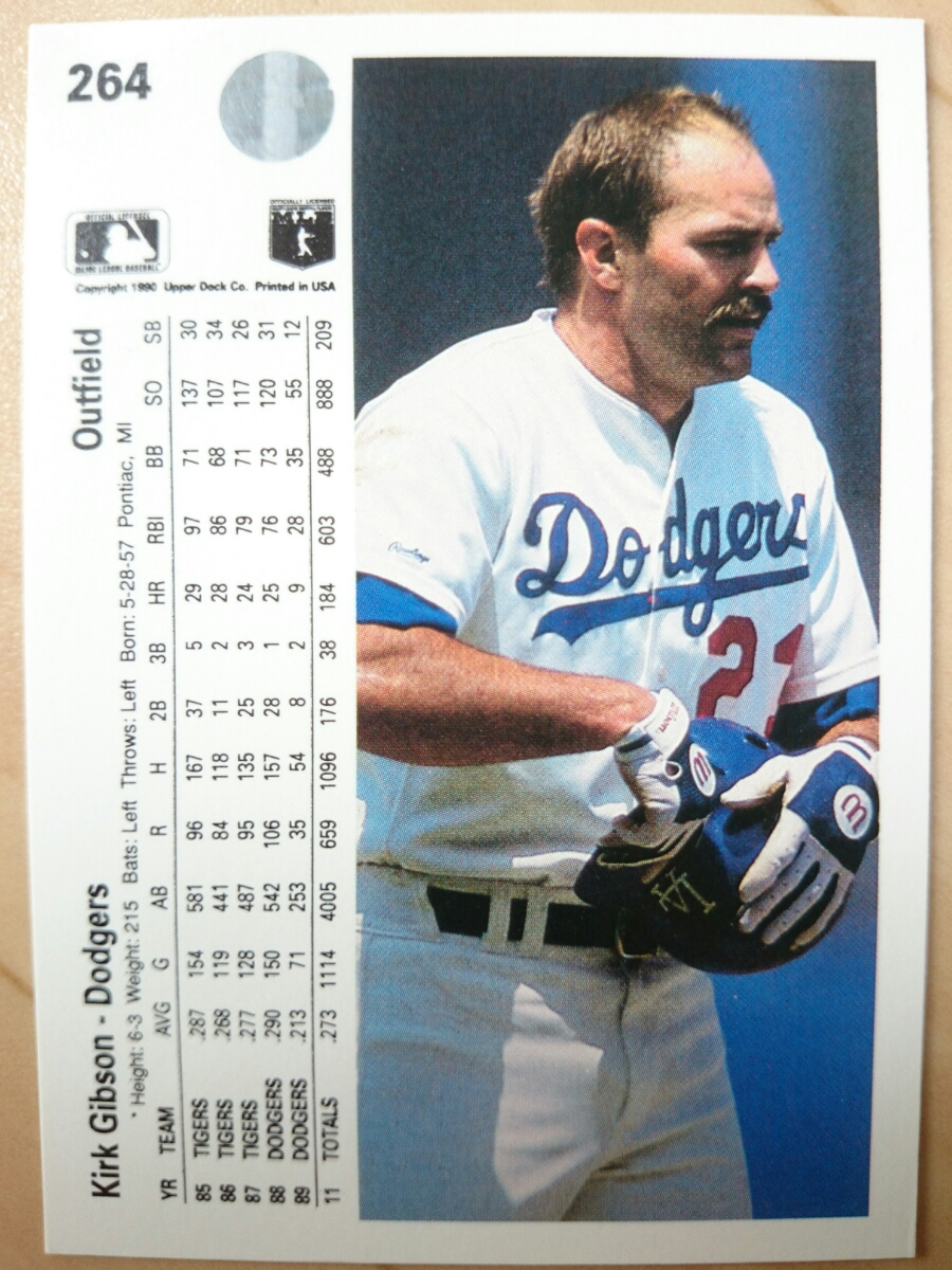 ★KIRK GIBSON UPPER DECK 1990 UD #264 カーク ギブソン LOS ANGELES DODGERS LA ドジャース MLB メジャーリーグ 大リーグ キャプテン_画像2