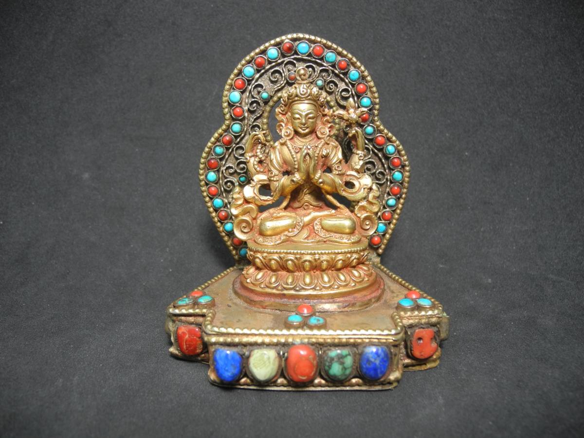 【おトク】 鍍金綠松石 時代物 チベット 青金石 琉璃佛菩薩像 珊瑚 仏像