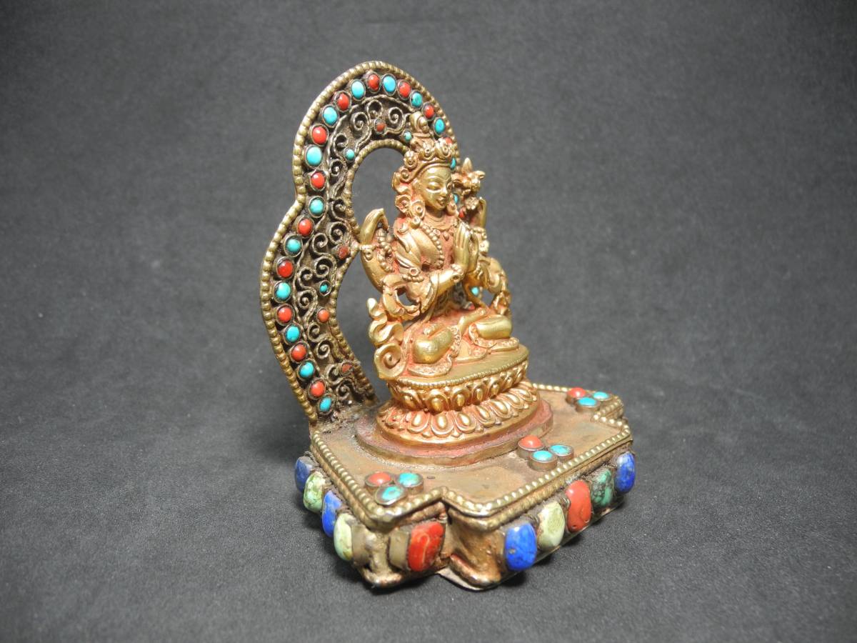 チベット 時代物 鍍金綠松石 青金石 珊瑚 琉璃佛菩薩像_画像3