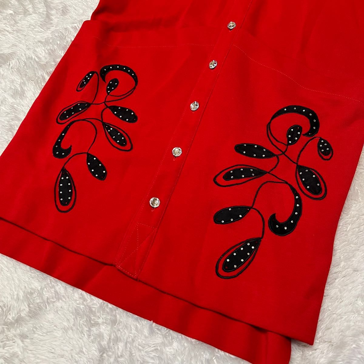 伊太利屋　ロングコート　赤×黒　ラインストーン　ビジュボタン　オーバーサイズ