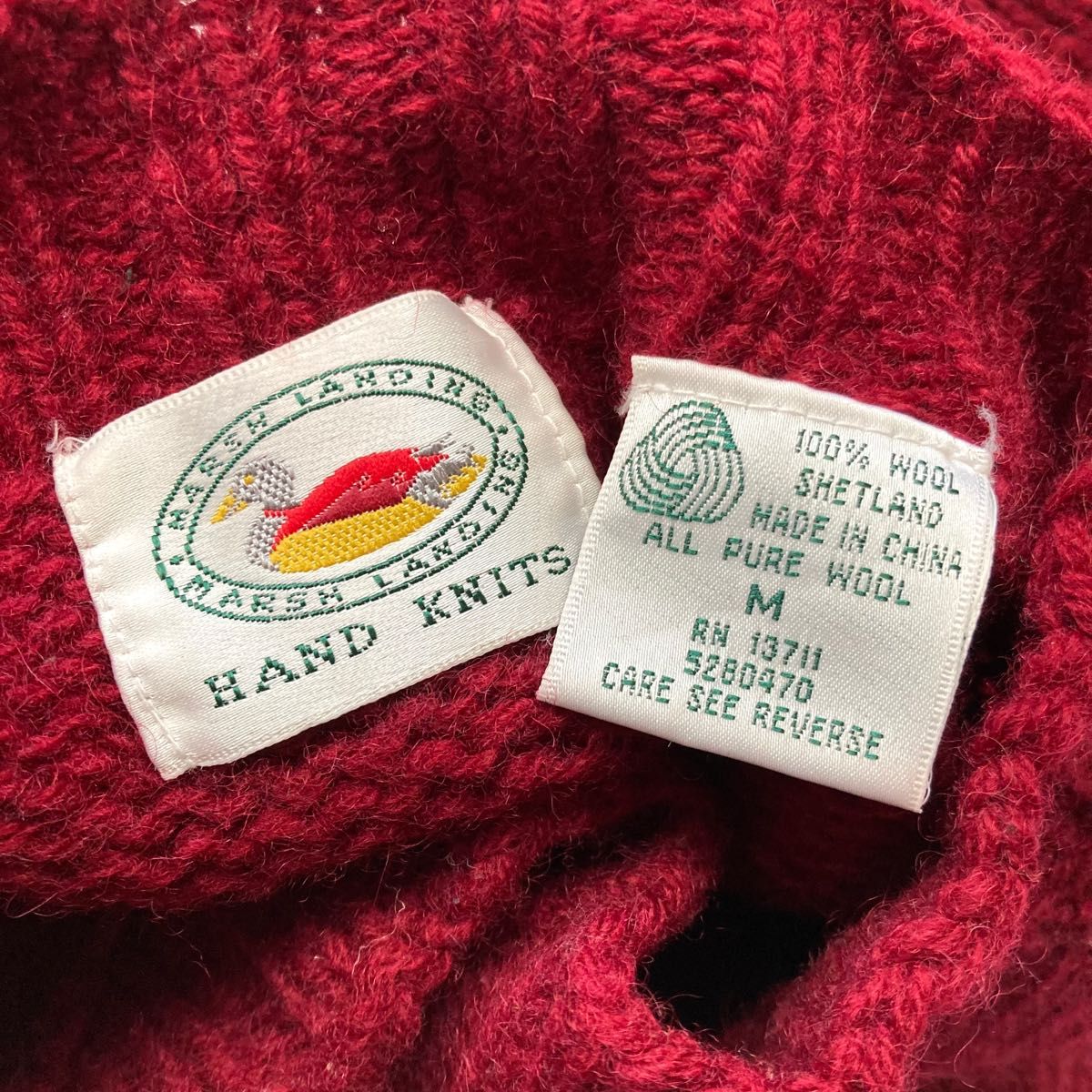 90s MARSH LANDING ネイティブ柄 ウール ハンドニット セーター 総柄 編み柄 オールド ビンテージ 民族 レッド