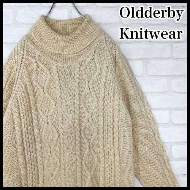 【大人気】イギリス製 ヴィンテージ Oldderby Knitwear タートルネック アランニット セーター アイボリー メンズ Ｌサイズ_画像1