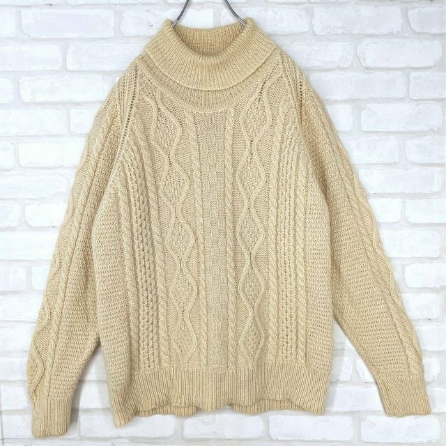 【大人気】イギリス製 ヴィンテージ Oldderby Knitwear タートルネック アランニット セーター アイボリー メンズ Ｌサイズ