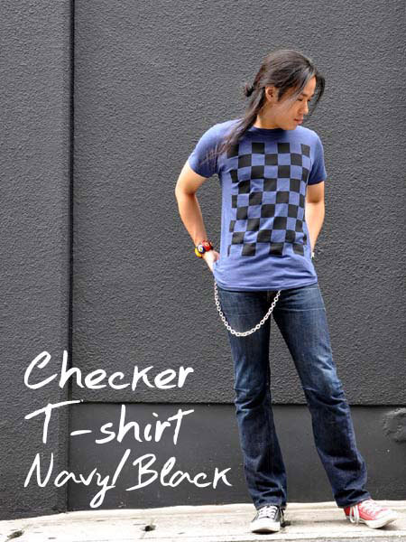 5°CHECKER 染込プリント Tシャツ NAVY×BLACK XL/市松模様checkerflagチェッカーフラッグ格子柄チェック柄モノトーンヴィンテージvintage_画像3
