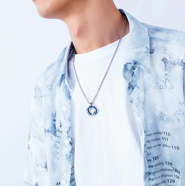 公式ショップ】3連 リング ネックレス アクセサリー ブルー 韓国 青 ステンレス メンズ ネックレス