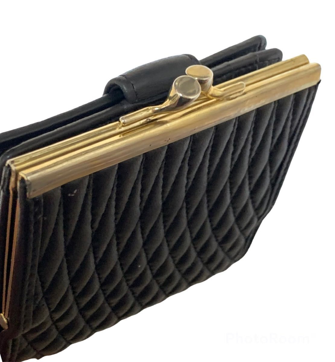 極美品☆BALLY マトラッセ キルティングレザー がま口 2つ折財布 黒 ブラック 二つ折り財布 ラムレザー ビンテージ