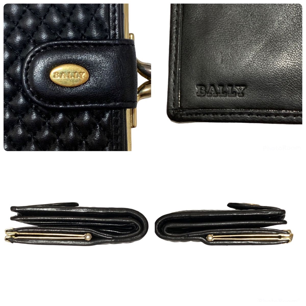 極美品☆BALLY マトラッセ キルティングレザー がま口 2つ折財布 黒 ブラック 二つ折り財布 ラムレザー ビンテージ