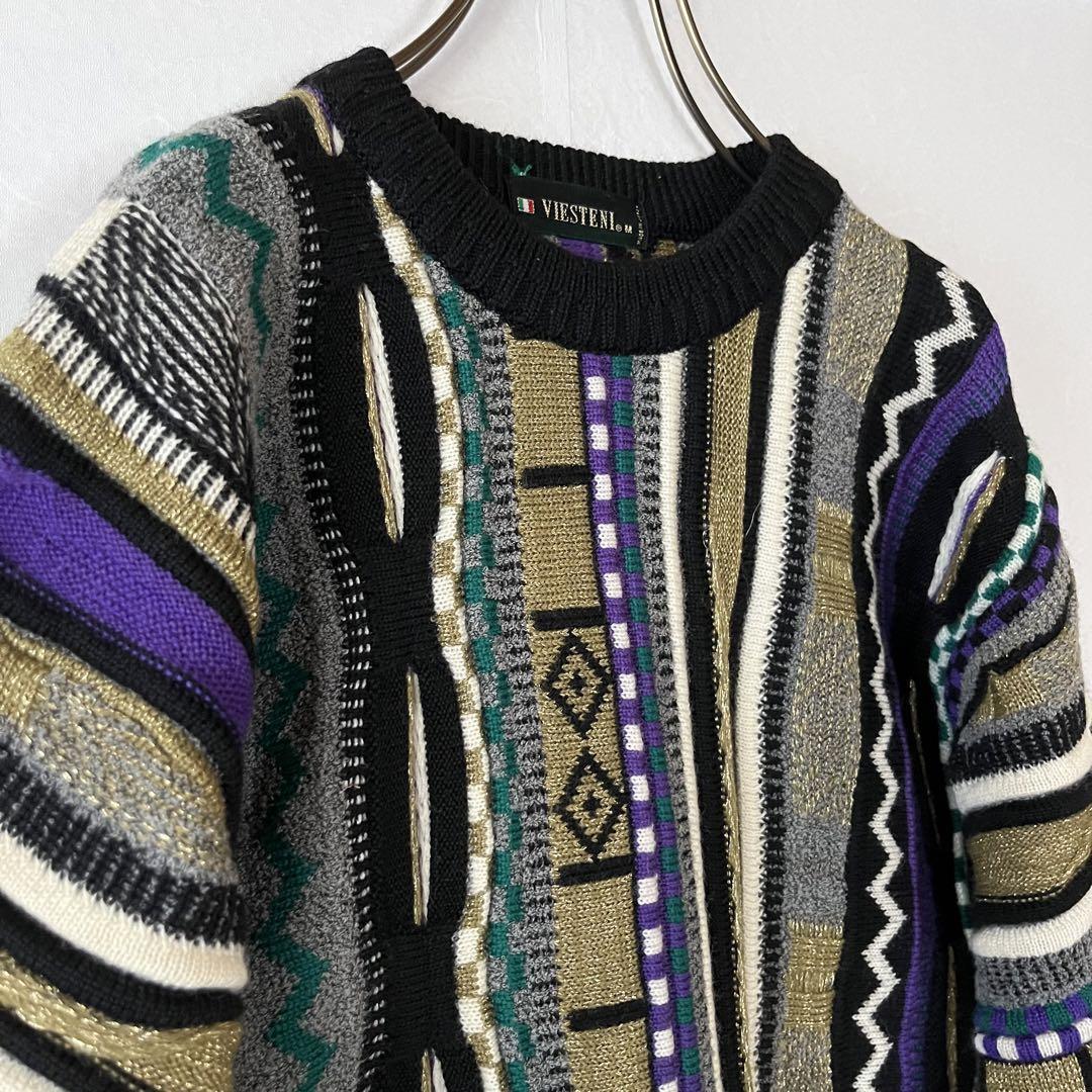 古着 日本製 3Dニット 立体編みセーター マルチカラー 黒 紫 ブラック 