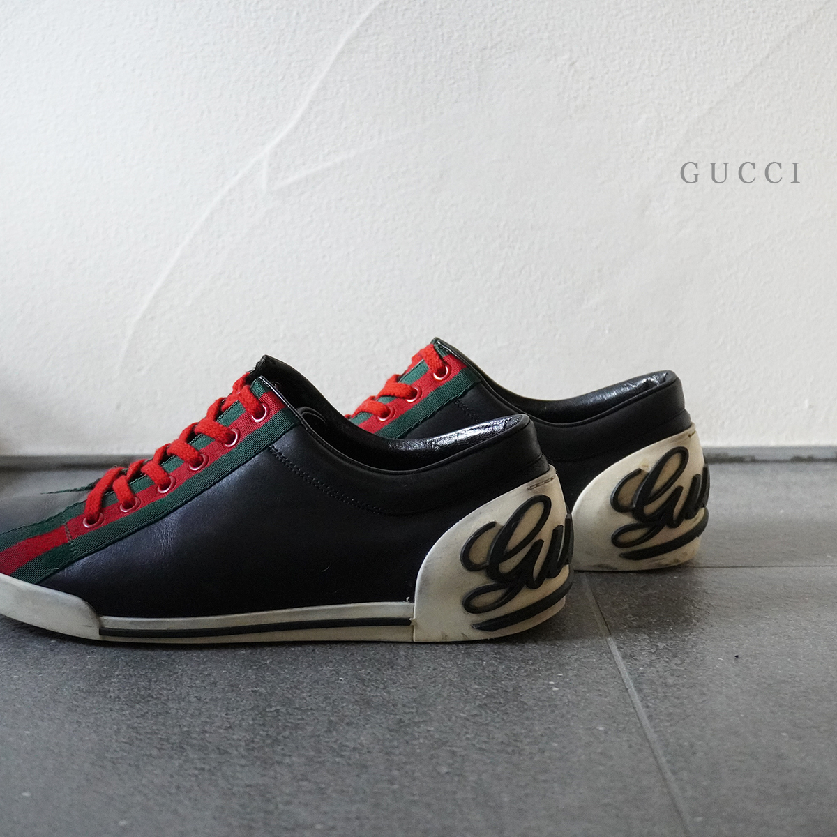 グッチ GUCCI シェリー ライン レザー スニーカー 38 1/2 ブラック 黒