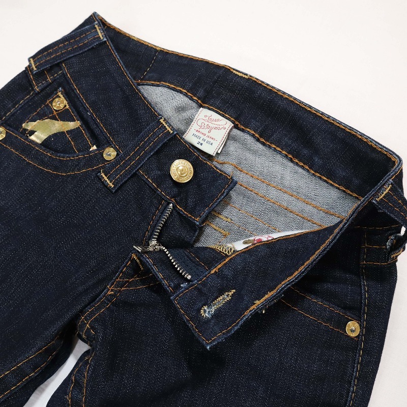 TRUE RELIGION トゥルーレリジョン JOEY 濃紺ストレッチフレアデニム ブーツカットジーンズ ローライズ ゴールドスティッチ USA製 サイズ24